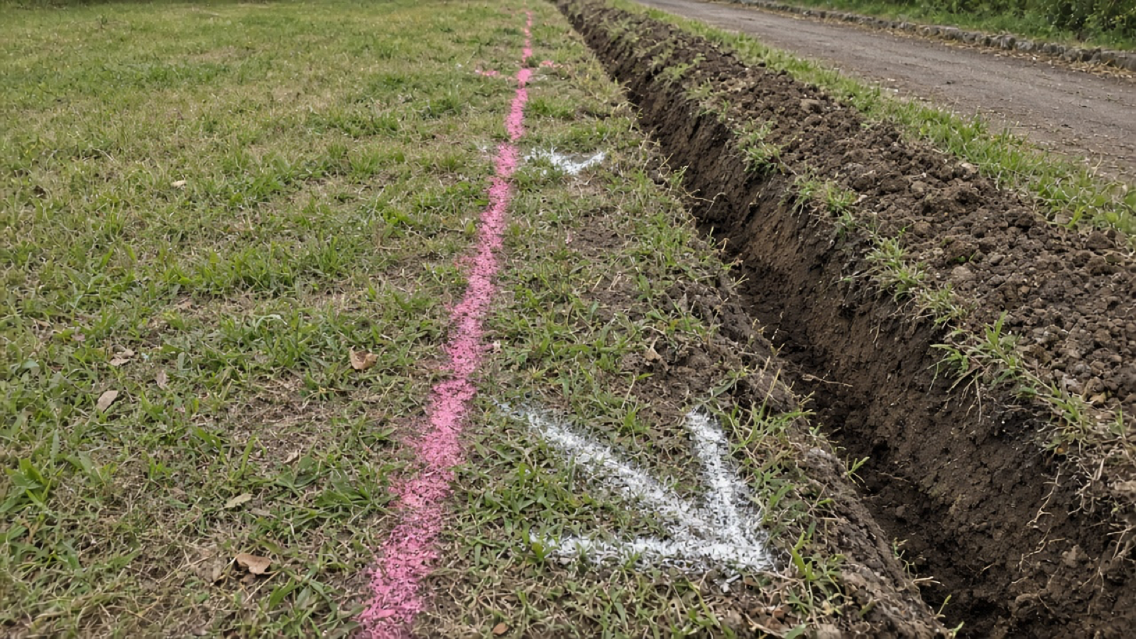Daylight photo of paint marks on the ground beside a trench line